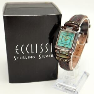 Ecclissi Sterling Silver Turquoise 25mm Square Watch 925 Brown Leather New Box